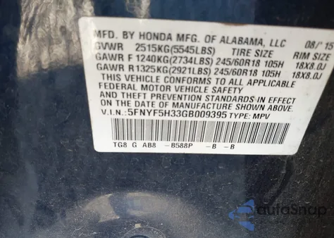 2016 Honda Pilot Ex из США, поврежденный, VIN 5FNYF5H33GB009395